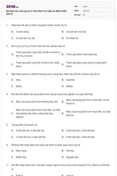 Đề kiểm tra cuối học kì 2 môn Hoá 9 có đáp án (Mới nhất) (Đề 4)