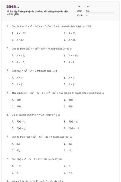 11 Bài tập Tính giá trị của đa thức khi biết giá trị của biến (có lời giải)