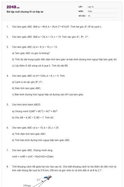 Bài tập cuối chương IV có đáp án