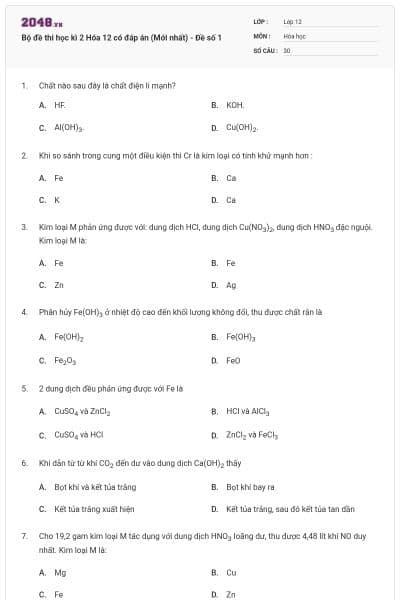 Bộ đề thi học kì 2 Hóa 12 có đáp án (Mới nhất) - Đề số 1