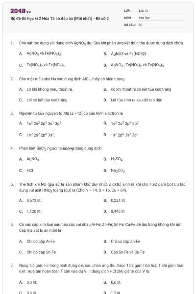 Bộ đề thi học kì 2 Hóa 12 có đáp án (Mới nhất) - Đề số 2