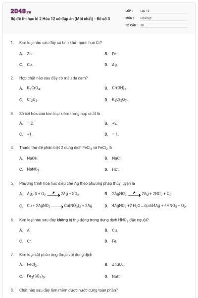 Bộ đề thi học kì 2 Hóa 12 có đáp án (Mới nhất) - Đề số 3