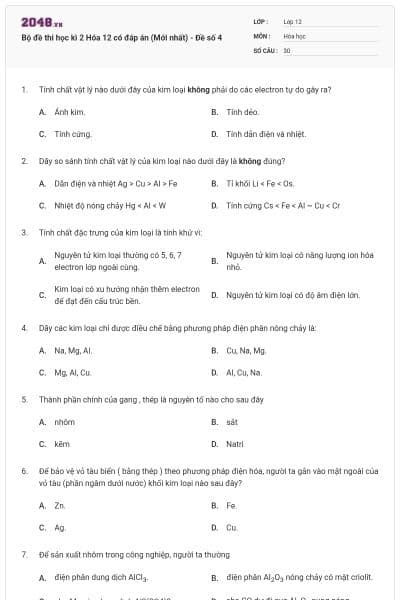 Bộ đề thi học kì 2 Hóa 12 có đáp án (Mới nhất) - Đề số 4