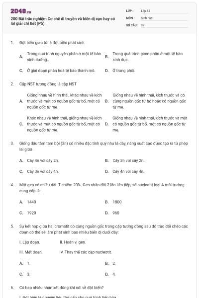 200 Bài trắc nghiệm Cơ chế di truyền và biến dị cực hay có lời giải chi tiết (P5)