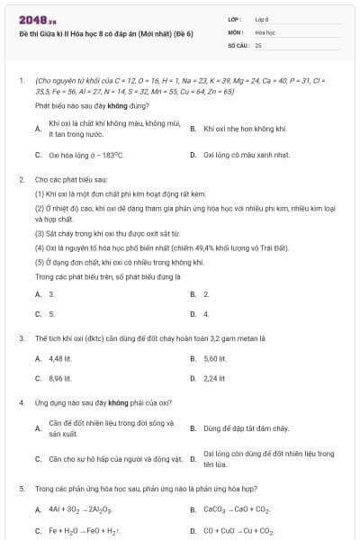 Đề thi Giữa kì II Hóa học 8 có đáp án (Mới nhất) (Đề 6)