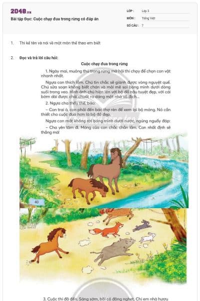 Bài tập Đọc: Cuộc chạy đua trong rừng có đáp án