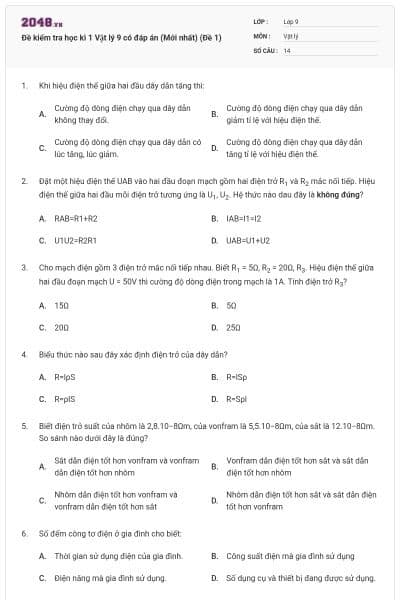Đề kiểm tra học kì 1 Vật lý 9 có đáp án (Mới nhất) (Đề 1)