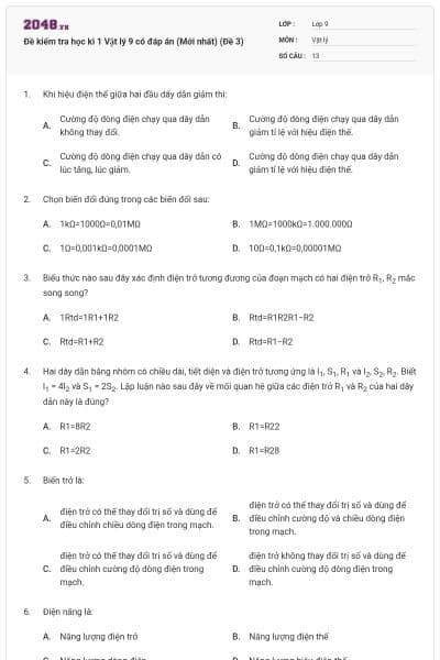 Đề kiểm tra học kì 1 Vật lý 9 có đáp án (Mới nhất) (Đề 3)