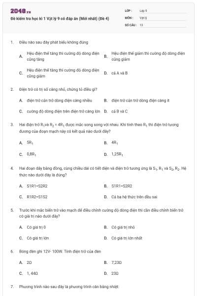 Đề kiểm tra học kì 1 Vật lý 9 có đáp án (Mới nhất) (Đề 4)