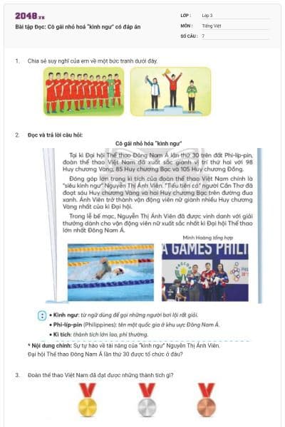 Bài tập Đọc: Cô gái nhỏ hoá “kình ngư” có đáp án