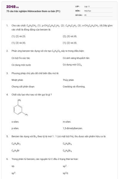 75 câu trắc nghiệm Hidrocacbon thơm cơ bản (P1)