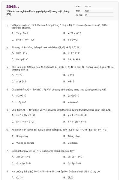 160 câu trắc nghiệm Phương pháp tọa độ trong mặt phẳng (P2)
