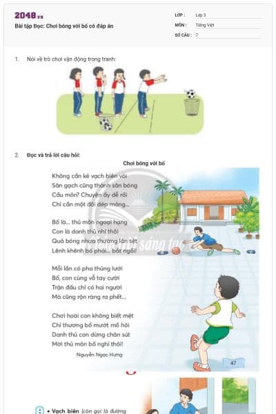 Bài tập Đọc: Chơi bóng với bố có đáp án