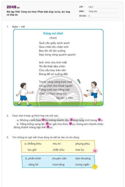 Bài tập Viết: Cùng vui chơi; Phân biệt d/gi; iu/ưu, ân/ âng có đáp án
