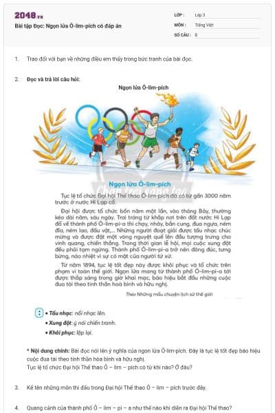 Bài tập Đọc: Ngọn lửa Ô-lim-pích có đáp án
