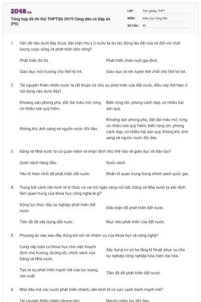 Tổng hợp đề thi thử THPTQG 2019 Công dân có đáp án (P6)