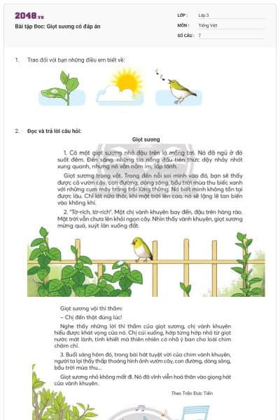 Bài tập Đoc: Giọt sương có đáp án