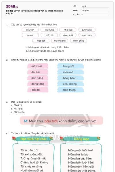 Bài tập Luyện từ và câu: Mở rộng vốn từ Thiên nhiên có đáp án