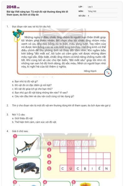Bài tập Viết sáng tạo: Tả một đồ vật thường dùng khi đi tham quan, du lich có đáp án