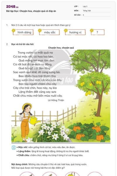 Bài tập Đọc: Chuyện hoa, chuyện quả có đáp án