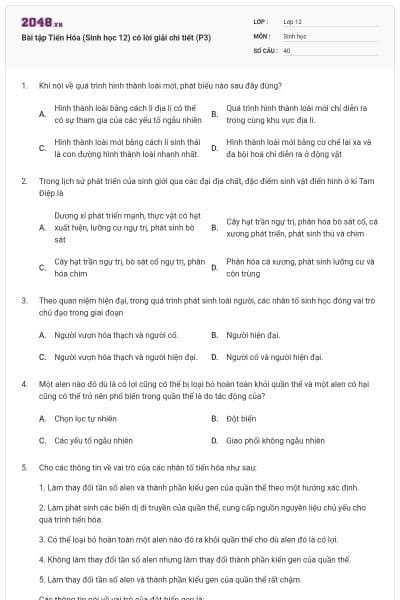 Bài tập Tiến Hóa (Sinh học 12) có lời giải chi tiết (P3)