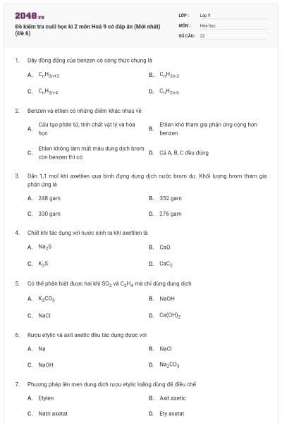 Đề kiểm tra cuối học kì 2 môn Hoá 9 có đáp án (Mới nhất) (Đề 6)