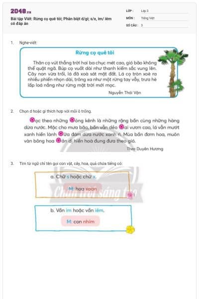 Bài tập Viết: Rừng cọ quê tôi; Phân biệt d/gi; s/x, im/ iêm có đáp án