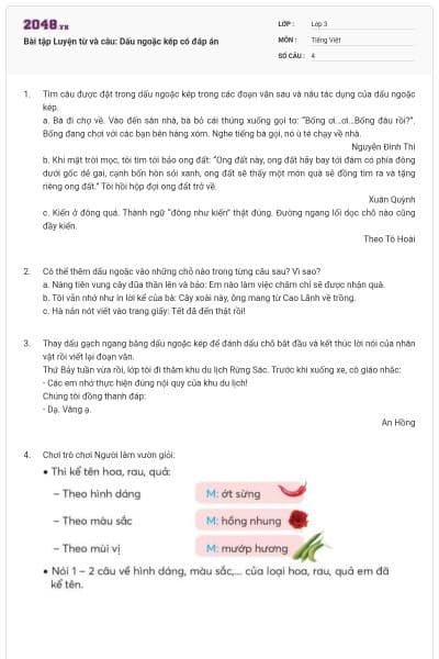 Bài tập Luyện từ và câu: Dấu ngoặc kép có đáp án