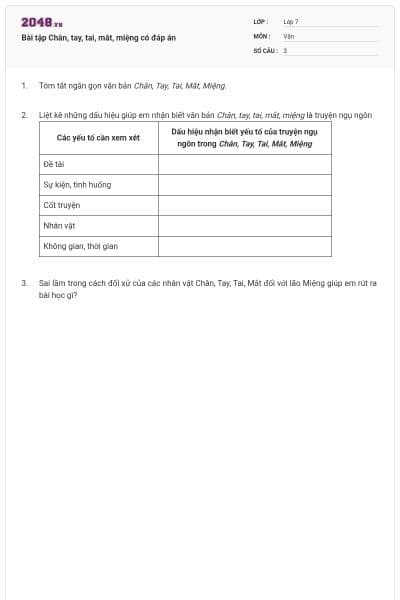 Bài tập Chân, tay, tai, mắt, miệng có đáp án