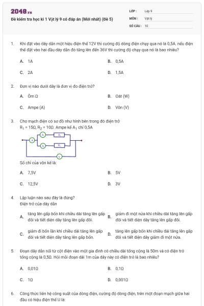 Đề kiểm tra học kì 1 Vật lý 9 có đáp án (Mới nhất) (Đề 5)