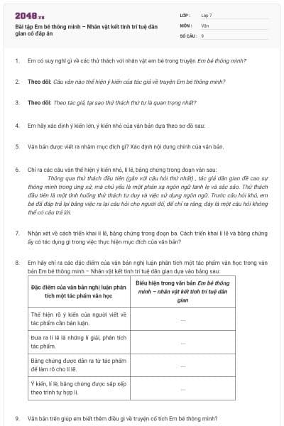 Bài tập Em bé thông minh – Nhân vật kết tinh trí tuệ dân gian có đáp án