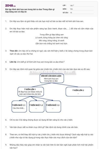 Bài tập Hình ảnh hoa sen trong bài ca dao Trong đầm gì đẹp bằng sen có đáp án