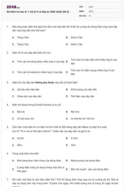Đề kiểm tra học kì 1 Vật lý 9 có đáp án (Mới nhất) (Đề 6)