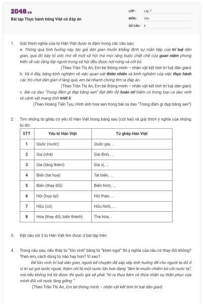 Bài tập Thực hành tiếng Việt có đáp án