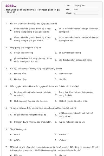 [Năm 2022] Đề thi thử môn Vật lí THPT Quốc gia có lời giải - Đề số 16