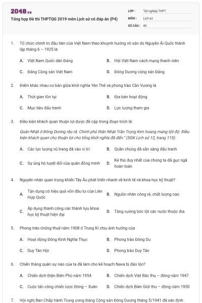 Tổng hợp Đề thi THPTQG 2019 môn Lịch sử có đáp án (P4)
