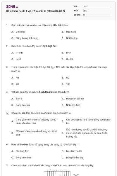 Đề kiểm tra học kì 1 Vật lý 9 có đáp án (Mới nhất) (Đề 7)