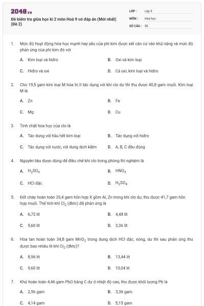 Đề kiểm tra giữa học kì 2 môn Hoá 9 có đáp án (Mới nhất) (Đề 2)