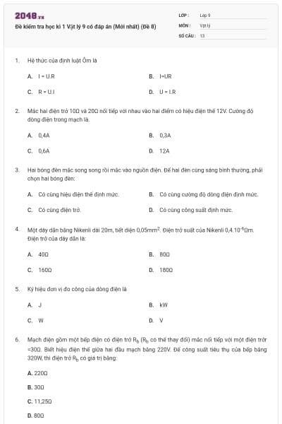 Đề kiểm tra học kì 1 Vật lý 9 có đáp án (Mới nhất) (Đề 8)