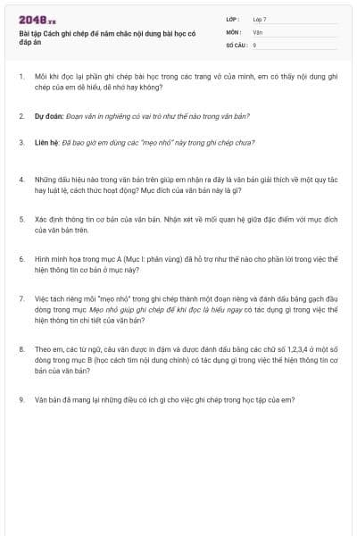 Bài tập Cách ghi chép để nắm chắc nội dung bài học có đáp án