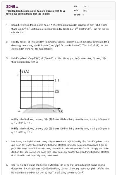 7 Bài tập Liên hệ giữa cường độ dòng điện với mật độ và tốc độ của các hạt mang điện (có lời giải)
