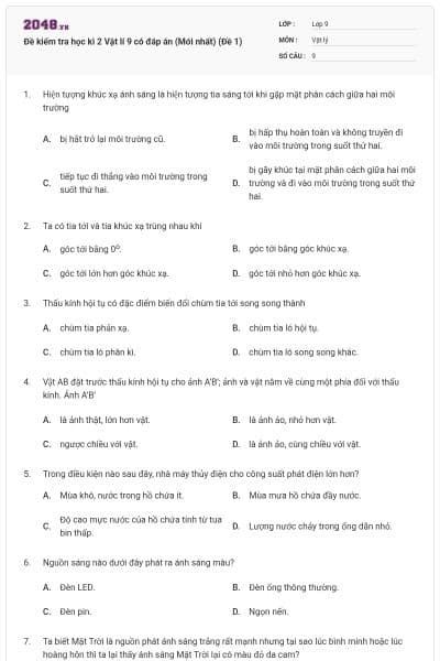 Đề kiểm tra học kì 2 Vật lí 9 có đáp án (Mới nhất) (Đề 1)