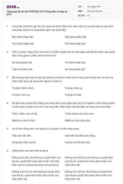Tổng hợp đề thi thử THPTQG 2019 Công dân có đáp án (P7)
