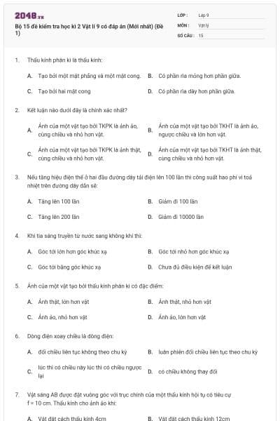 Bộ 15 đề kiểm tra học kì 2 Vật lí 9 có đáp án (Mới nhất) (Đề 1)
