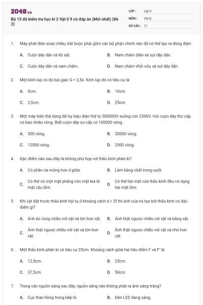Bộ 15 đề kiểm tra học kì 2 Vật lí 9 có đáp án (Mới nhất) (Đề 2)