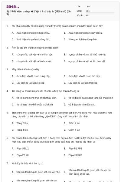 Bộ 15 đề kiểm tra học kì 2 Vật lí 9 có đáp án (Mới nhất) (Đề 3)