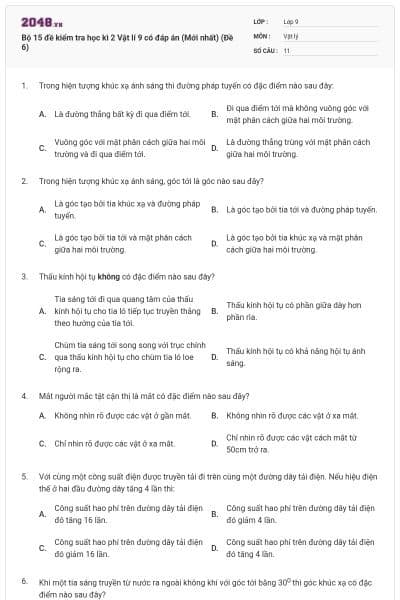 Bộ 15 đề kiểm tra học kì 2 Vật lí 9 có đáp án (Mới nhất) (Đề 6)