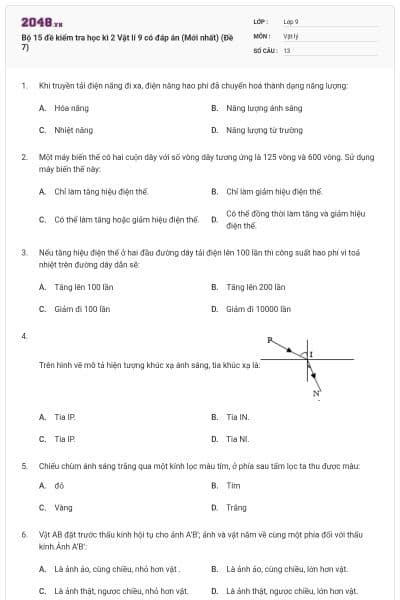 Bộ 15 đề kiểm tra học kì 2 Vật lí 9 có đáp án (Mới nhất) (Đề 7)