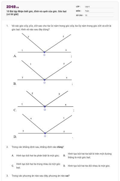 10 Bài tập Nhận biết góc, đỉnh và cạnh của góc. Góc bẹt (có lời giải)