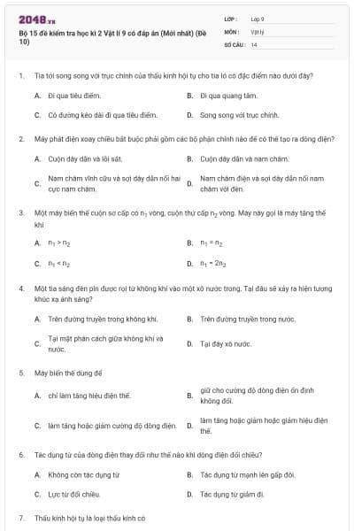 Bộ 15 đề kiểm tra học kì 2 Vật lí 9 có đáp án (Mới nhất) (Đề 10)